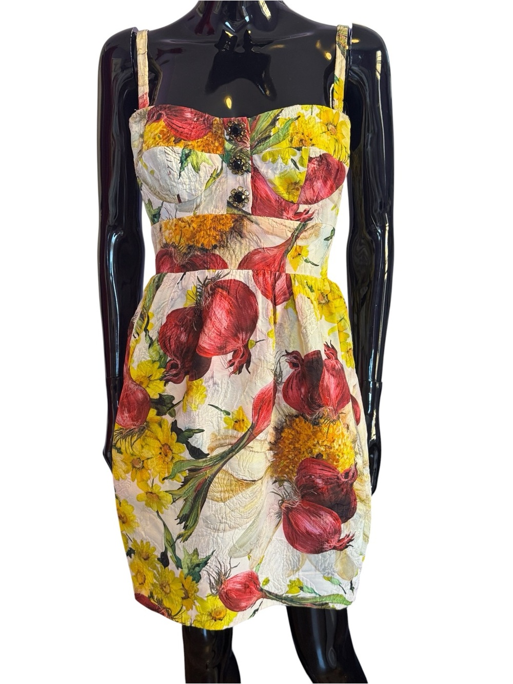 Dolce&Gabbana Floral Sundress with Red & Yellow Bloom Print crystal buttons